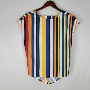 Shein‎ Womens Blouse Small Top Multicolor Striped Short Cap Sleeve Deep V Neck